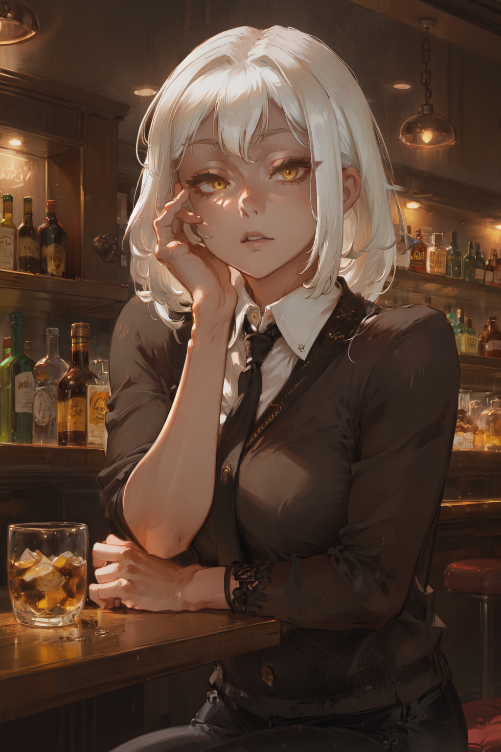 masterpiece, best quality, upper body, 1girl, white hair, yellow eyes, detailed eyes, half-closed eyes, shaded face, black...